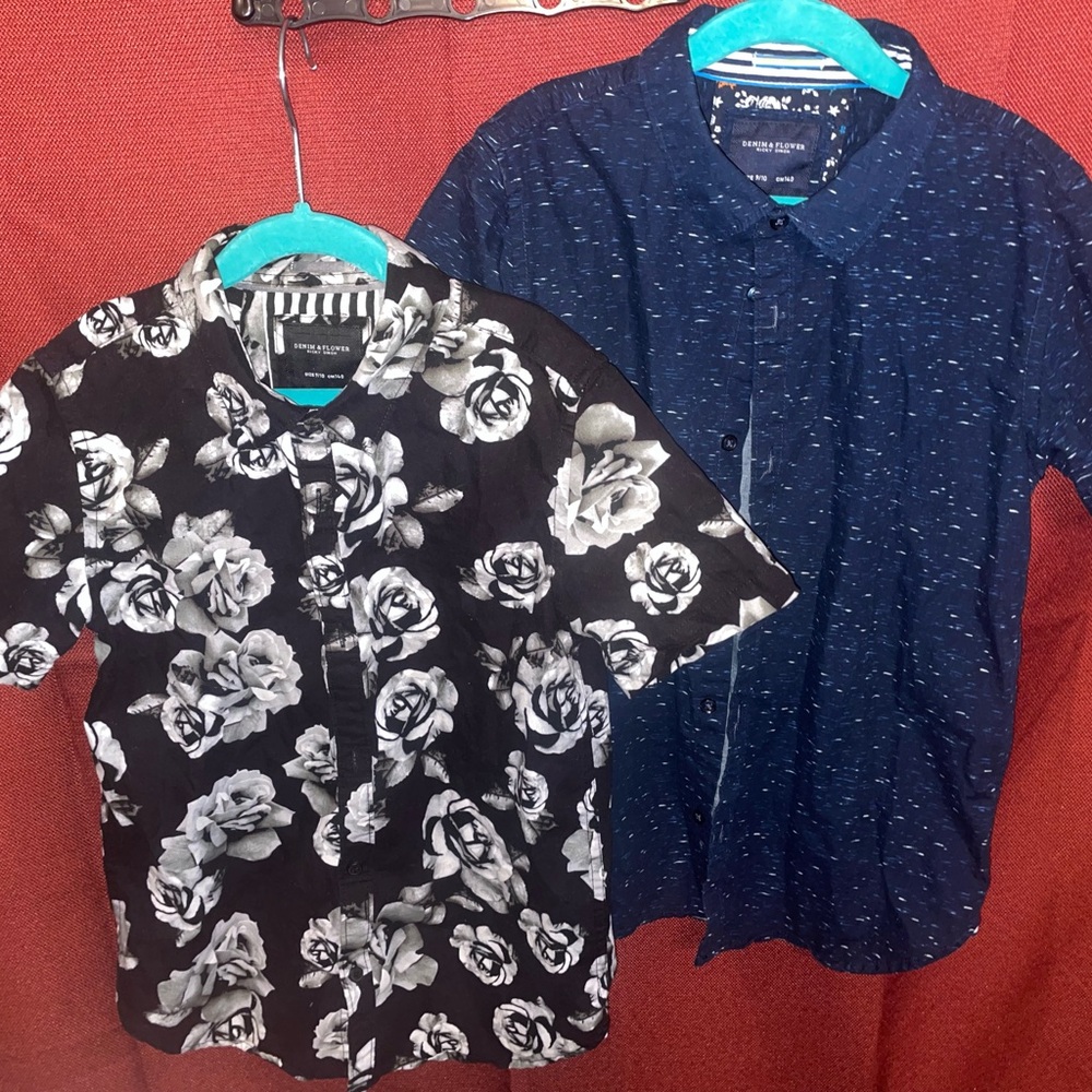 Denim & Flower Kids Button Down Shirts - Black Floral and Blue - Picture 1 of 2